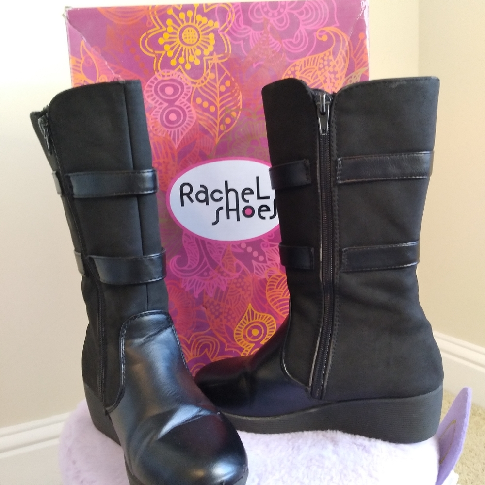 Rachel Shoes Black Girls Buckle Wedge Boots With Box